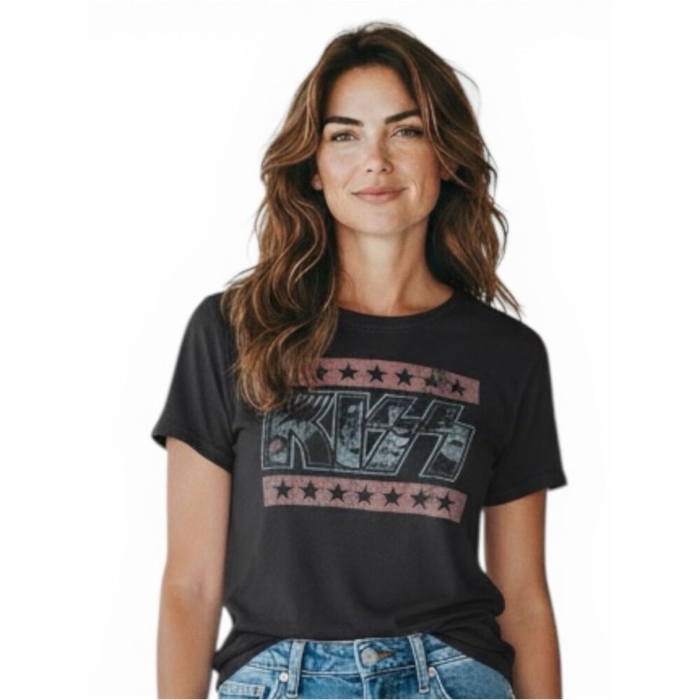 KISS Band T-Shirt Women's Size Small Black Stars Graphic Tultex Cotton Rock EUC